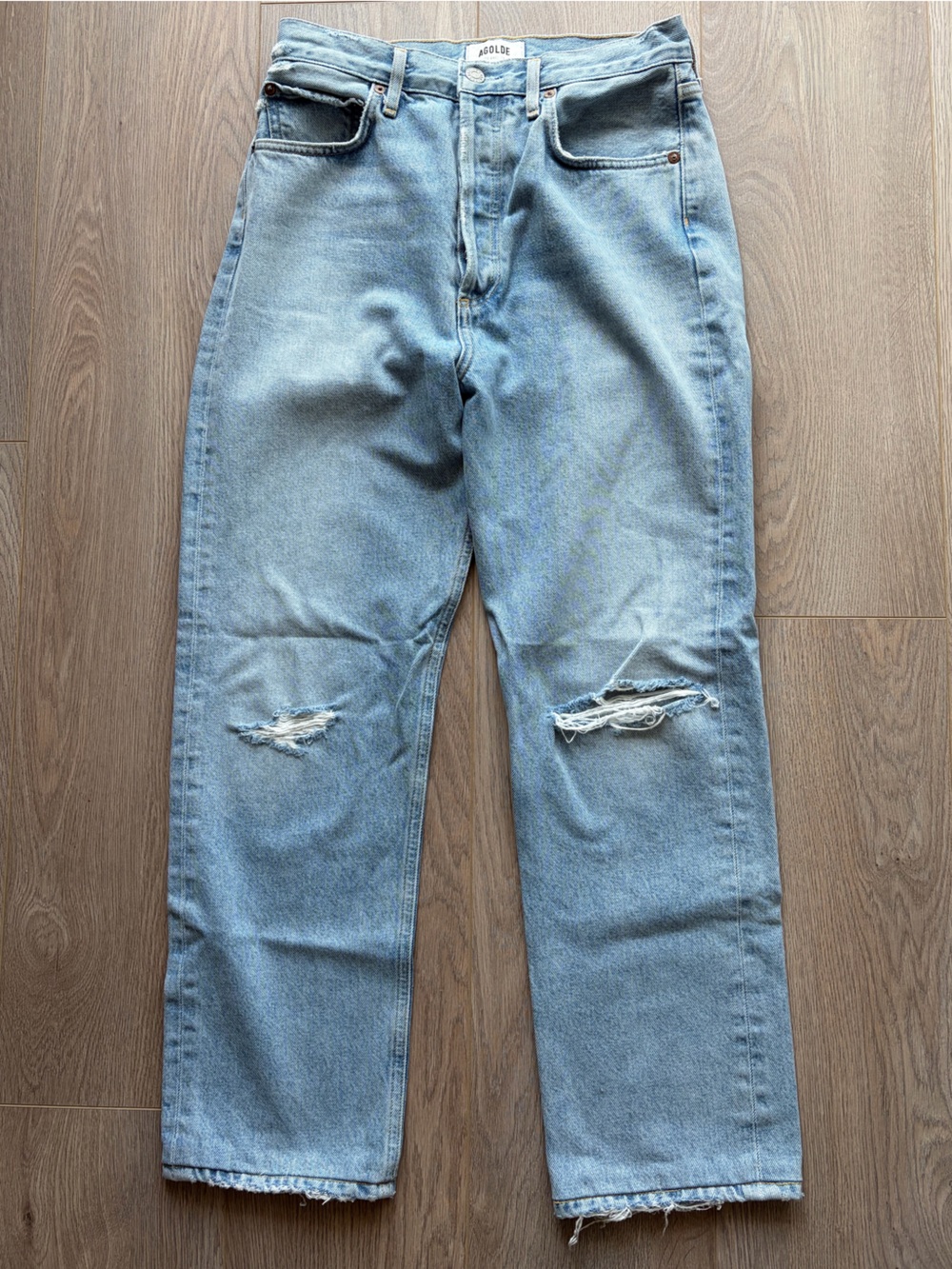 AGOLDE 90’s High Rise Ripped Jeans — Light Blue Wash — Organic Cotton